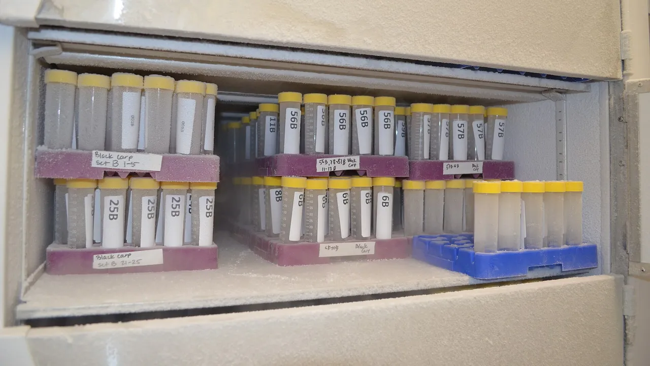 Frozen samples for eDNA analysis stored in freezer at Midwest Fisheries Center. Photo by Scott Covington/USFWS.