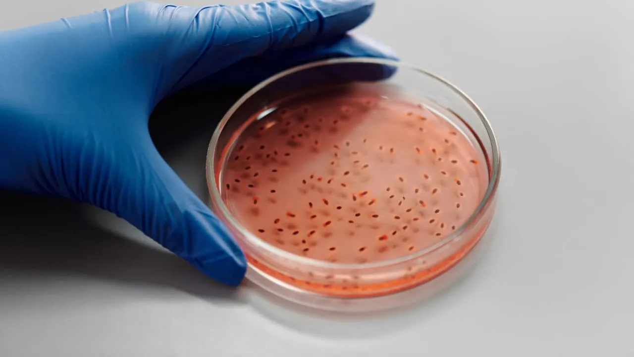 Close-up of a gloved hand holding a bacteria culture in a petri dish for laboratory analysis.