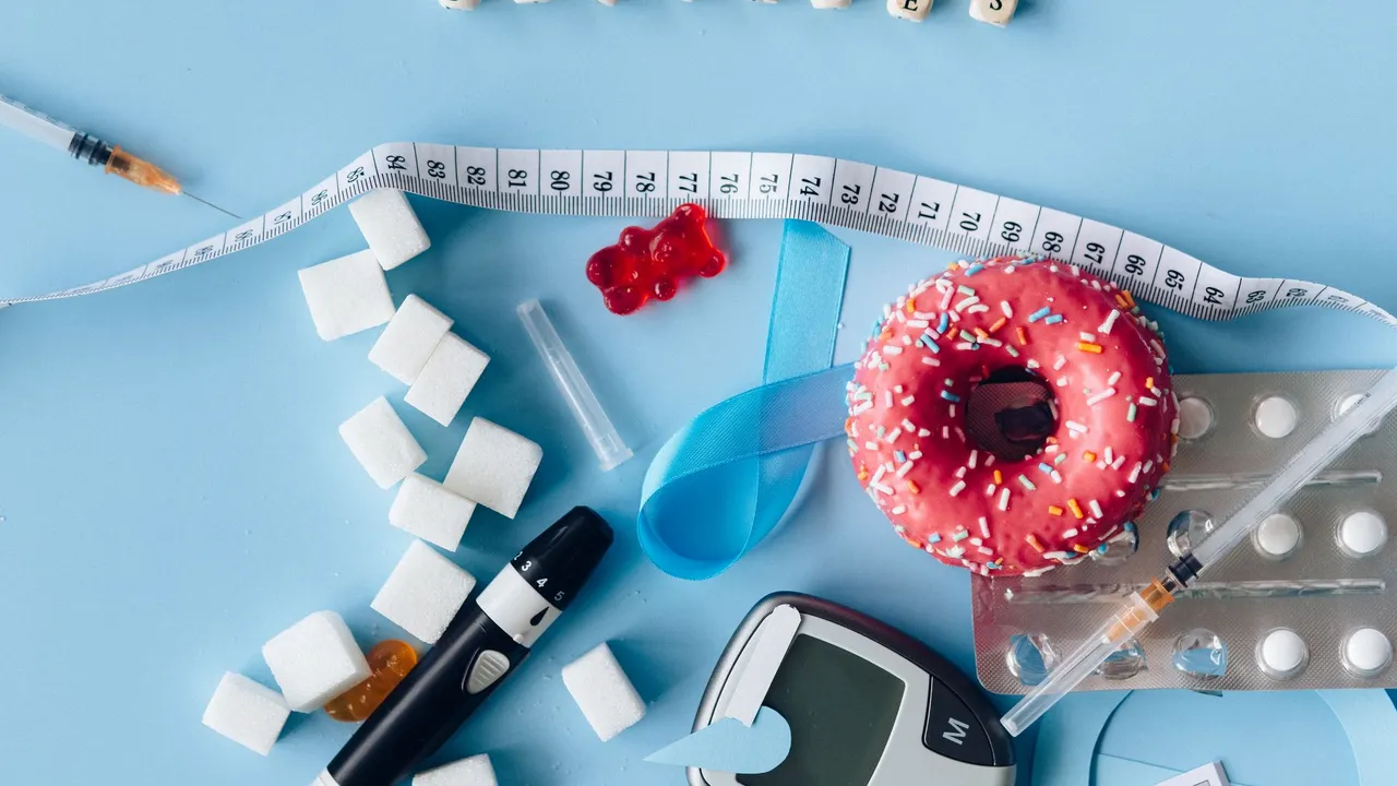 Flat lay of diabetes awareness concept with glucose meter, insulin syringes, sugar cubes, and donut.